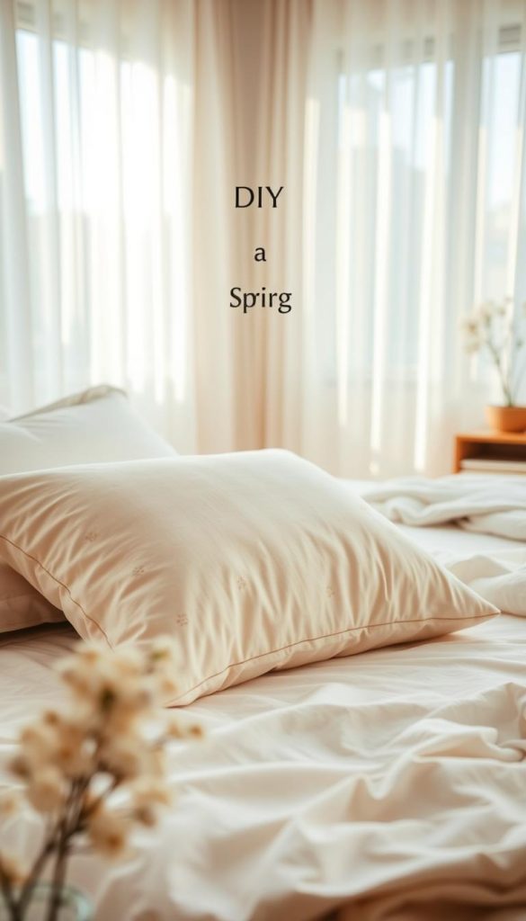A cozy bedroom scene featuring a beautifully arranged pillow on a softly made bed. The pillow is plush and inviting, adorned with a light pastel cover that complements the fresh spring theme. In the foreground, delicate floral patterns are subtly visible on the fabric, enhancing the serene atmosphere. The middle ground includes a neatly arranged bed with crisp white sheets and a light throw blanket, evoking a sense of cleanliness and calm. The background showcases soft, natural light streaming through a large window with sheer curtains, illuminating the space and casting gentle shadows. The overall mood is warm, inspirational, and tranquil, perfect for a spring home reset. Include natural DIY elements and a Pinterest-inspired aesthetic. Feature the brand name "KlickKiste" subtly within the scene.