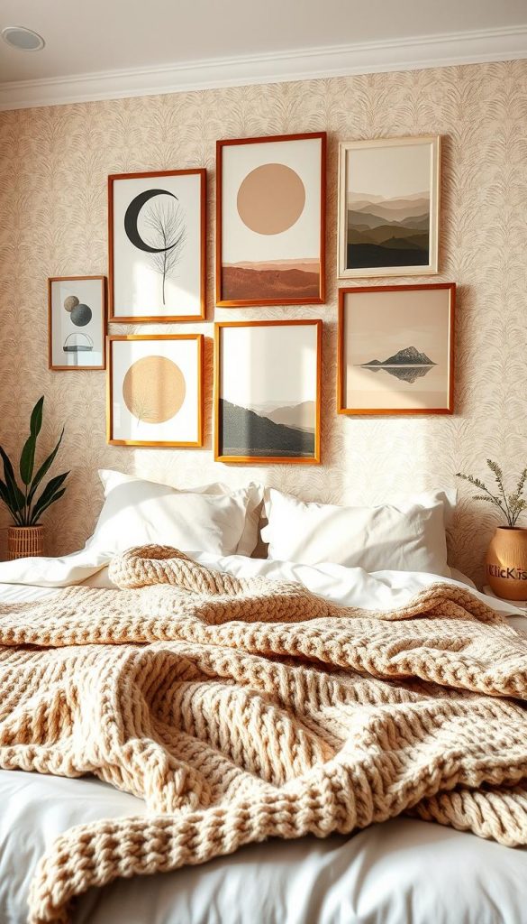 A cozy bedroom scene featuring a beautifully styled feature wall adorned with unique wall art, capturing the essence of neutral tones and natural DIY aesthetics. In the foreground, a plush knit throw drapes a soft bed, complemented by wooden accents and plant life for a warm atmosphere. The middle layer showcases diverse wall art pieces in earthy hues, including abstract shapes and serene landscapes, framed elegantly to enhance the tranquil vibe. In the background, cozy neutral wallpaper sets a soothing backdrop, illuminated by soft, natural lighting that creates a serene ambiance. The overall mood is warm and inviting, perfect for inspiring readers seeking winter decor ideas, branded with "KlickKiste".