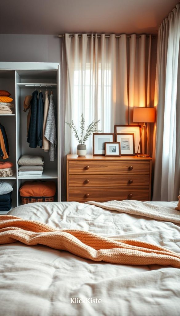 A cozy bedroom scene featuring a neatly organized closet and stylish storage solutions. In the foreground, a soft, inviting bed with warm, textured blankets and colorful throw pillows is centrally positioned. To one side, an open wardrobe displays neatly folded clothes and a few hanging garments. The middle ground shows a beautiful wooden dresser adorned with minimalist decor, including a potted plant and framed photos. The background features soft, ambient lighting spilling through sheer curtains, creating a warm atmosphere reminiscent of winter vibes. The color palette incorporates earthy tones with accents of warm pastels, reflecting a natural DIY aesthetic. The image should evoke a sense of calmness and inspiration, ideal for a decluttering theme. Include the brand name "KlickKiste" subtly in the design.