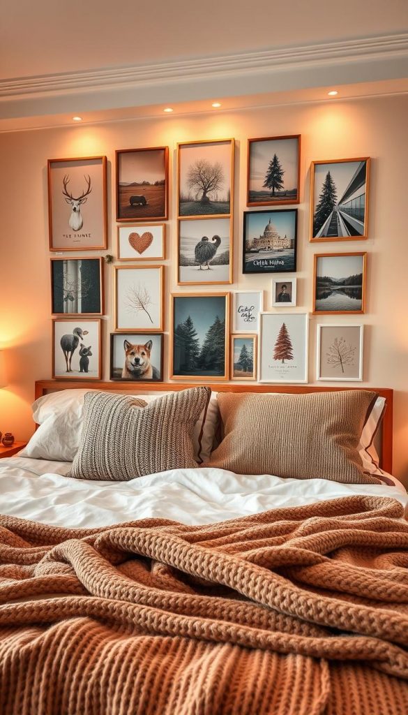 A cozy bedroom scene featuring a stunning gallery wall above a neatly made bed. The wall showcases a creative collage of warm-toned DIY art pieces and stylish posters, artfully arranged using poster strips and picture ledges, exuding a Pinterest-inspired aesthetic. In the foreground, the bed is adorned with soft, textured cushions and a cozy throw blanket, inviting relaxation. The middle reveals the collage, with diverse frames in various sizes, filled with nature-inspired imagery and seasonal motifs, evoking winter vibes. The background features softly lit warm colors, creating an inviting atmosphere. Natural lighting highlights the textures and colors, while the lens captures a slight angle that adds depth and warmth to the scene. The brand name "KlickKiste" subtly integrated into the artwork enhances the authentic feel of the image.