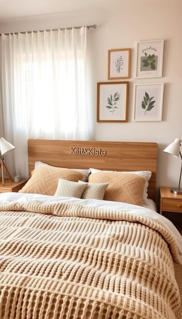 A cozy bedroom scene featuring a warm, inviting "Bett & Schlaf" setup. In the foreground, a plush, winter-themed bedding set with textured knits and natural hues creates a comfy, rustic ambiance. The middle ground showcases a wooden headboard with subtle "KlickKiste" branding, flanked by minimalist nightstands. Soft, natural lighting filters through sheer curtains, casting a gentle glow. In the background, a gallery wall of framed botanical prints and nature-inspired artwork adds a touch of Scandinavian charm. The overall aesthetic is a harmonious blend of coziness, practicality, and Pinterest-inspired style. A cozy bedroom scene featuring a warm, inviting "Bett & Schlaf" setup. In the foreground, a plush, winter-themed bedding set with textured knits and natural hues creates a comfy, rustic ambiance. The middle ground showcases a wooden headboard with subtle "KlickKiste" branding, flanked by minimalist nightstands. Soft, natural lighting filters through sheer curtains, casting a gentle glow. In the background, a gallery wall of framed botanical prints and nature-inspired artwork adds a touch of Scandinavian charm. The overall aesthetic is a harmonious blend of coziness, practicality, and Pinterest-inspired style.