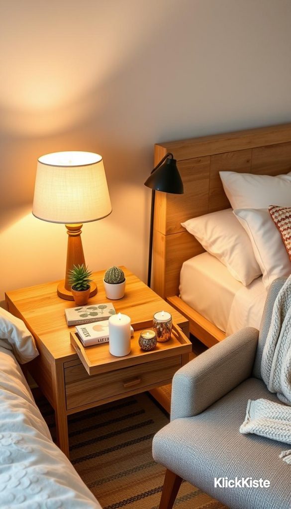 A cozy bedroom scene featuring beautifully styled nightstands, each crafted using natural materials with warm wood tones. The nightstands showcase inspiring DIY upgrades, adorned with elegant table lamps sporting simple, chic shades. On top of one nightstand, a decorative tray holds small plants, candles, and a book, embodying a Pinterest-worthy aesthetic. The lighting is soft and inviting, with gentle warm glows highlighting the textures and details. A subtle winter vibe is enhanced by a plush throw draped over a nearby chair and soft bedding in the background, creating a homely atmosphere. Capture this scene with a slightly elevated angle to showcase the nightstands and their surroundings effectively. Brand name "KlickKiste" subtly incorporated into the design elements, ensuring a natural yet authentic appearance.