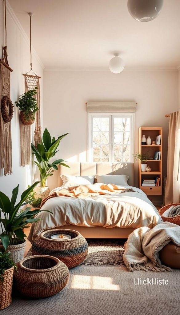 A cozy bedroom scene featuring three distinct style guides: Boho, Modern Minimal, and Scandi. In the foreground, a bohemian-themed area showcases macramé wall hangings, layered textiles, and lush indoor plants. The middle section reveals a sleek, modern minimalist bed adorned with simple neutral-toned bedding and a geometric headboard. To the side, a Scandi-inspired reading nook with light wood furnishings, a minimalist bookshelf, and soft throws. The background includes a softly lit window allowing natural light to filter in, casting warm hues across the room. The atmosphere is inviting and tranquil, embodying winter vibes with a Pinterest aesthetic. The scene is styled by KlickKiste, emphasizing authenticity and inspiration without clutter.