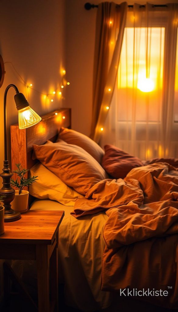 A cozy bedroom scene featuring warm lighting that exudes comfort and relaxation. In the foreground, a wooden bedside table adorned with a softly glowing vintage lamp and a small potted plant, casting gentle shadows. In the middle, a neatly made bed with plush, layered bedding in earthy tones, inviting and invitingly disheveled pillows. Surrounding the bed, strings of fairy lights softly illuminate the room, creating a magical atmosphere. In the background, a window draped with sheer curtains, allowing the warm, golden light of a sunset to filter through, enhancing the cozy vibe. The overall mood is tranquil and inviting, perfect for a winter evening. Capture this scene with a soft focus lens to emphasize warmth and comfort. The image should reflect the authentic DIY aesthetic that inspires a Pinterest-worthy look, branded with "KlickKiste".