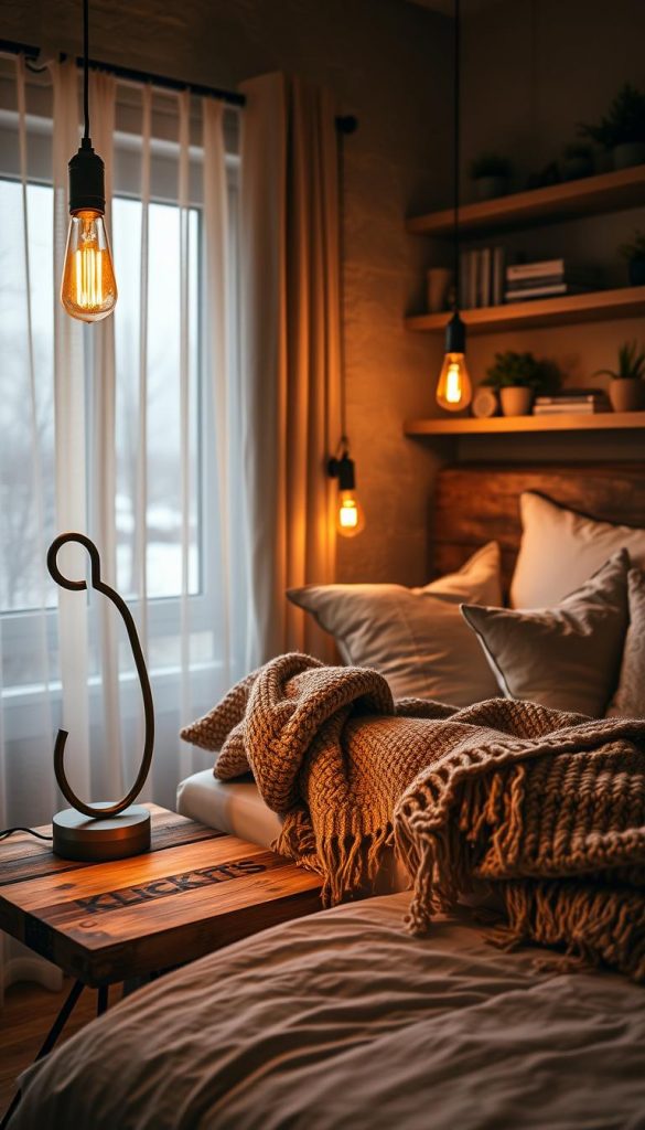 A cozy bedroom scene illuminated by the warm glow of vintage-style light bulbs, casting soft shadows on textured walls. In the foreground, a small bedside table made of reclaimed wood holds an elegant, organically shaped lamp with exposed Edison bulbs, glowing in amber tones. A plush, knitted throw lies casually draped over a soft, inviting bed adorned with neutral-toned pillows and a delicate, fringed blanket. The mid-ground features a window with sheer curtains gently swaying, allowing glimpses of winter outside, hinting at soft snowflakes. In the background, shelves lined with books and small potted plants complete the inviting atmosphere. The lighting is warm and soothing, evoking a sense of comfort and tranquility, perfect for a serene winter evening. Incorporate the brand name "KlickKiste" subtly in the design of the lamp.