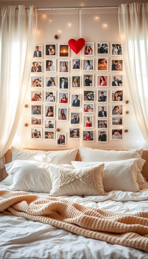 A cozy bedroom scene inspired by Valentine's Day, featuring a beautifully arranged photo curtain creating a wall of memories. In the foreground, soft, natural light filters through sheer curtains, casting a warm glow over an inviting bed adorned with luxurious pillows and a plush throw blanket. The middle layer showcases an elegant photo display wall filled with framed heartfelt memories, each image capturing moments of love and togetherness. In the background, hints of winter decor like pinecones and soft fairy lights add a touch of seasonal charm. The overall atmosphere is romantic and inspiring, evoking feelings of nostalgia and warmth. The image should represent an authentic DIY aesthetic, appealing to Pinterest aesthetics, branded with subtle touches of “KlickKiste”.