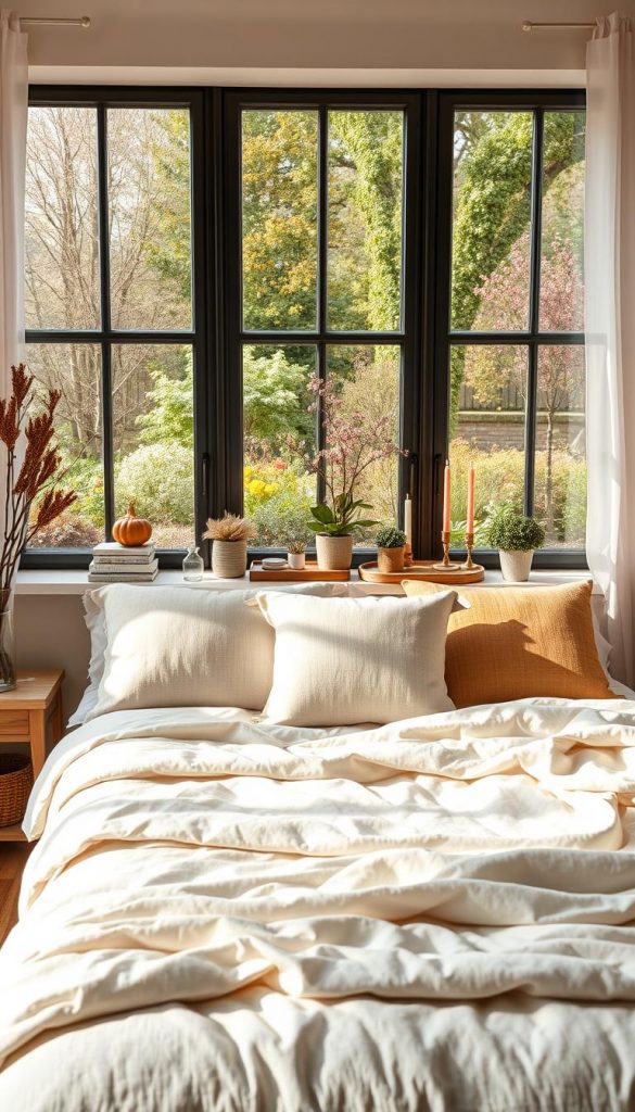 A cozy bedroom scene inspired by seasonal decor, focusing on a spring, summer, autumn, and winter theme. In the foreground, a neatly made bed adorned with soft, neutral-toned linens and a variety of seasonal throw pillows reflecting pastel colors for spring, light fabrics for summer, earthy tones for autumn, and plush textures for winter. The middle layer includes a beautifully styled bedside table with natural decor elements, like small potted plants, wooden accents, and scented candles, creating a warm ambiance. In the background, large windows allow ample natural light to pour in, framing an inviting view of a garden blossoming in spring, with lush greenery in summer, colorful leaves in autumn, and soft snowfall in winter. The scene should evoke a feeling of peacefulness and seasonal charm, reflecting a natural DIY aesthetic. Suitable for Pinterest inspiration. Include the brand name "KlickKiste" subtly integrated into the overall environment, avoiding any text overlays or markings.