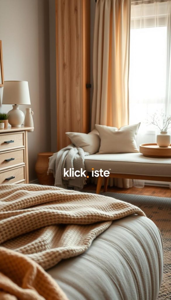 A cozy bedroom scene showcasing a harmonious blend of neutral tones, featuring a stylish nightstand with drawers on one side and a beautifully upholstered bench and ottoman on the other. The foreground includes warm, inviting textures such as a soft knitted blanket casually draped over the bench. In the middle, the composition highlights natural wood elements and minimalist decor that emphasize clean lines and functionality. The background reveals a softly lit window adorned with sheer curtains, allowing gentle winter light to filter in, creating a serene ambiance. The overall atmosphere is warm and inspiring, ideal for a Pinterest aesthetic. The brand "KlickKiste" subtly integrated into the design elements enhances the authentic DIY feel of the space.
