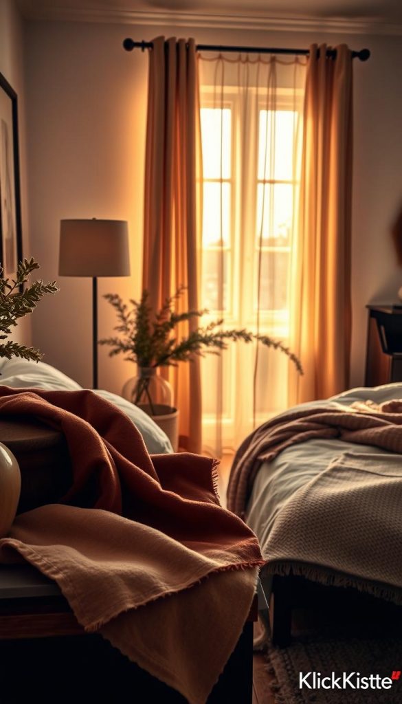 A cozy bedroom scene showcasing an array of shades used for optimal lighting ambiance. In the foreground, various fabric swatches in warm colors—soft browns, rich reds, and gentle creams—are elegantly draped over a stylish bedside table. The middle ground features a window softly illuminated by the warm glow of evening light filtering through sheer, textured curtains, casting delicate shadows. The background reveals a comforting setting with a plush bed adorned in layered textures and a soft, inviting rug. The atmosphere reflects winter vibes with hints of natural wood accents and potted greenery. Capture this scene with a warm, inviting light, using a 35mm lens to create a soft bokeh effect around the edges. The whole composition embodies a Pinterest-worthy, authentic feel, branded as "KlickKiste."