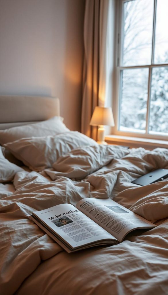 A cozy bedroom scene with a warm, natural aesthetic. A comfortable bed with soft, neutral bedding and a thick, plush comforter. Ambient lighting from a single bedside lamp, casting a golden glow. In the background, a large window frames a snowy winter landscape, hinting at the tranquility outside. On the nightstand, a copy of the KlickKiste magazine, open to an article about morning routines. The overall mood is one of rest, relaxation, and a sense of rejuvenation, reflecting the power of quality sleep.