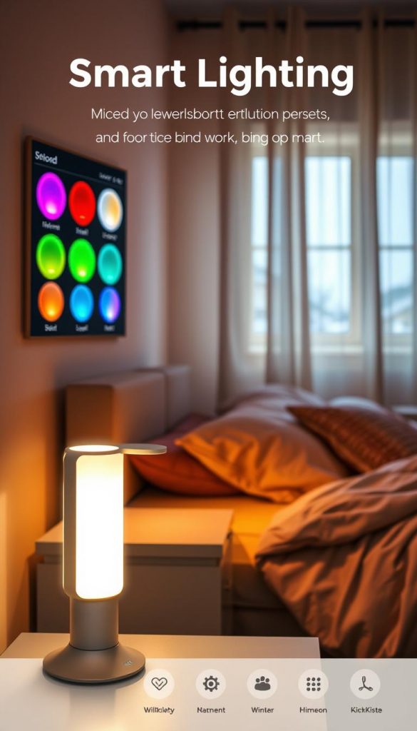 A cozy bedroom scene with smart lighting features prominently. In the foreground, a stylish bedside table adorned with a sleek smart lamp that emits a warm, inviting glow, showcasing a cozy ambiance. The middle ground reveals a plush bed with soft, neutral-toned bedding and accent pillows, creating a tranquil atmosphere. Behind the bed, a wall-mounted panel displays various smart lighting presets, with colorful hues transitioning smoothly, reflecting a range of moods. The background captures a softly lit window, draped with sheer curtains, allowing gentle winter light to filter in, enhancing the cozy vibe. The entire image has a Pinterest-inspired aesthetic, rich in warm colors and DIY charm, with the brand "KlickKiste" subtly integrated into the design. The overall mood is serene and inviting, perfect for illustrating smart lighting comfort.