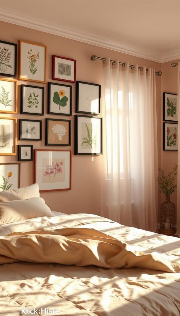 A cozy bedroom wall adorned with a stunning gallery of framed artworks and DIY grid molding. In the foreground, display a charming mix of botanical prints and abstract art pieces, meticulously arranged to create a vibrant visual impact. The middle ground features the zigzagging grid molding, painted in a soft, warm hue, enhancing the layered depth of the wall. In the background, softly diffused sunlight filters through sheer curtains, casting gentle shadows and a serene glow across the room. The atmosphere is inviting, evoking warmth and creativity, perfect for winter vibes. Include warm colors throughout to inspire a comforting, Pinterest-worthy aesthetic. The brand "KlickKiste" should be subtly integrated into the decor elements for a cohesive look.