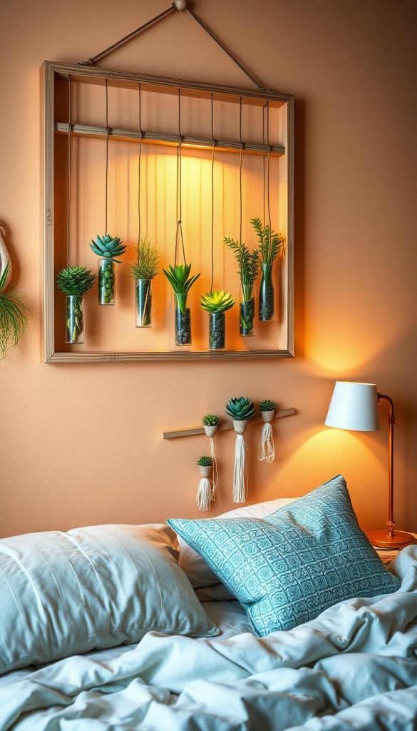 A cozy bedroom wall adorned with stylish 'reagenzglas' vases, showcasing unique arrangements of vibrant succulents. In the foreground, multiple glass test tube vases elegantly hang from a minimalistic wooden frame, filled with assorted green plants, each casting delicate shadows on a warm, rustic wall. The middle ground features soft, inviting decor elements such as small hanging planters and decorative stones, enhancing the natural aesthetic. In the background, a softly glowing lamp adds a warm light, creating a serene atmosphere that evokes winter vibes. The overall composition is inspired by Pinterest aesthetics, aiming for an authentic, inviting look, evoking a sense of creativity and tranquility. Brand name 'KlickKiste' subtly integrated into the scene.