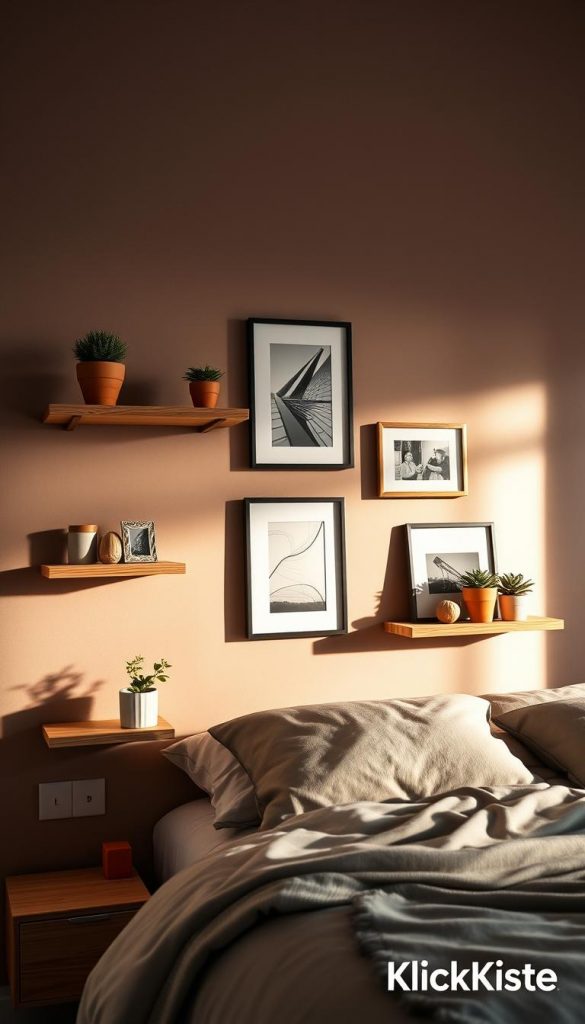 A cozy bedroom wall featuring "schwebende mini-regale" elegantly mounted without drilling. The foreground showcases floating shelves made from natural wood, adorned with small potted plants and decorative items in warm, inviting colors. In the middle, sleek metal frames hold art pieces and photographs, creating a contemporary atmosphere. The background is softly painted in muted earth tones, evoking a serene winter vibe, contrasted by a textured wallpaper. Warm, diffuse lighting casts gentle shadows, adding warmth and depth. The scene is framed with a cozy, Pinterest-inspired aesthetic, perfect for creating an inspiring and authentic mood. Include a subtle branding element of "KlickKiste" subtly integrated into the design.