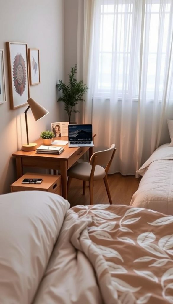 A cozy bedroom workspace featuring a stylish desk from KlickKiste, layered with natural DIY elements. Foreground: A minimalist wooden desk adorned with a warm-toned lamp, an open laptop, a potted plant, and stationery neatly organized. Middle: A soft, neutral-colored chair inviting productivity, and a comfortable quilt-covered bed in calming pastel hues. Background: A softly lit window with sheer curtains, allowing gentle winter sunlight to filter in, casting a serene glow. The walls are decorated with inspiring art, enhancing the atmosphere. The overall mood evokes tranquility and focus, ideal for a small home-office escape. Capture this scene with a warm color palette and an inviting, Pinterest-inspired aesthetic.