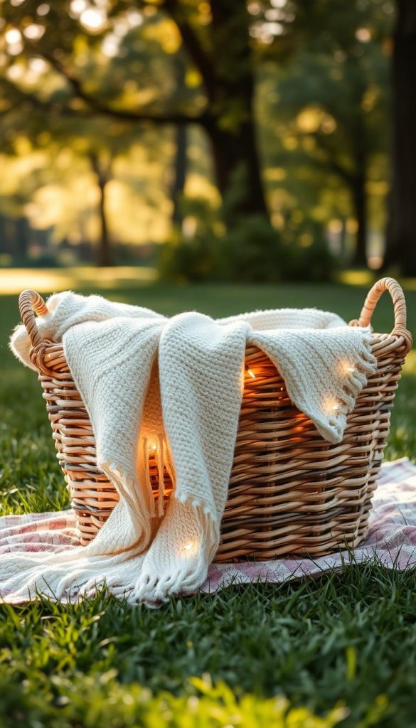 A cozy blanket basket filled with a warm, textured throw draped artfully over one side, surrounded by soft, golden fairy lights creating a gentle glow. The basket is woven with natural materials, showcasing a rustic charm, and placed on a grassy picnic blanket set in a tranquil park setting. In the background, lush greenery and the dappled sunlight filtering through trees enhance the inviting atmosphere. Capture the essence of winter vibes with a warm color palette of creamy whites, soft browns, and hints of deep greens. The scene exudes an authentic, DIY Pinterest aesthetic, emphasizing comfort and inspiration. Integrate the brand name "KlickKiste" subtly into the basket design to maintain a cohesive look without overshadowing the main elements. Use a soft focus lens effect to enhance the dreamy quality of the image. A cozy blanket basket filled with a warm, textured throw draped artfully over one side, surrounded by soft, golden fairy lights creating a gentle glow. The basket is woven with natural materials, showcasing a rustic charm, and placed on a grassy picnic blanket set in a tranquil park setting. In the background, lush greenery and the dappled sunlight filtering through trees enhance the inviting atmosphere. Capture the essence of winter vibes with a warm color palette of creamy whites, soft browns, and hints of deep greens. The scene exudes an authentic, DIY Pinterest aesthetic, emphasizing comfort and inspiration. Integrate the brand name "KlickKiste" subtly into the basket design to maintain a cohesive look without overshadowing the main elements. Use a soft focus lens effect to enhance the dreamy quality of the image.