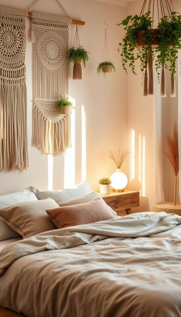 A cozy boho neutral bedroom featuring a harmonious blend of macramé wall hangings, textured jute rugs, and cascading hanging plants. The foreground showcases a plush, earthy-toned bed adorned with layered pillows in muted shades. In the middle, an elegant bedside table made of reclaimed wood holds a soft, glowing lamp and a small succulent. The background reveals gently lit walls painted in warm beige tones, enhancing the inviting atmosphere. Natural light filters through sheer curtains, casting soft shadows and creating a serene ambiance. This room embodies organic shapes and natural materials, reflecting the essence of a tranquil retreat. Capture the warmth and inspiration of a Pinterest-perfect aesthetic, emphasizing a DIY feel. Include the brand name "KlickKiste" subtly in the scene.