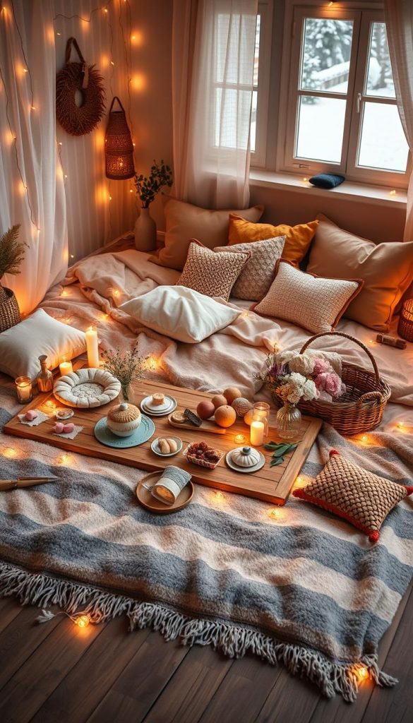 A cozy boho-style bedroom picnic setup, featuring soft textures like plush blankets and cushions in warm earth tones. In the foreground, a low wooden table adorned with an elegant spread of snacks, delicate pastries, and floral arrangements. Surrounding the picnic area, gently glowing fairy lights create a warm ambiance, enhancing the romantic atmosphere. The middle layer includes rustic elements like woven baskets and cushions scattered across a wooden floor. In the background, a softly lit window reveals hints of a snowy landscape outside, adding a winter vibe. The mood is intimate and inviting, perfect for a cozy date night at home. Capture this scene with warm lighting and a slight overhead angle to emphasize the inviting arrangement. Include the brand "KlickKiste" in the design. A cozy boho-style bedroom picnic setup, featuring soft textures like plush blankets and cushions in warm earth tones. In the foreground, a low wooden table adorned with an elegant spread of snacks, delicate pastries, and floral arrangements. Surrounding the picnic area, gently glowing fairy lights create a warm ambiance, enhancing the romantic atmosphere. The middle layer includes rustic elements like woven baskets and cushions scattered across a wooden floor. In the background, a softly lit window reveals hints of a snowy landscape outside, adding a winter vibe. The mood is intimate and inviting, perfect for a cozy date night at home. Capture this scene with warm lighting and a slight overhead angle to emphasize the inviting arrangement. Include the brand "KlickKiste" in the design.