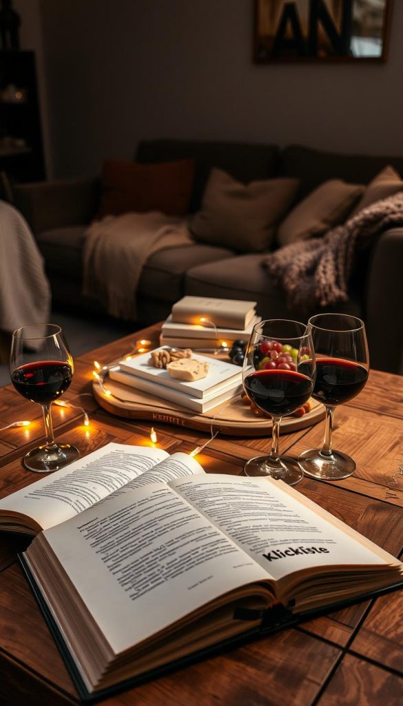 A cozy book wine club scene with a warm, inviting atmosphere. In the foreground, a rustic wooden table set with an open book displaying beautiful pages, a half-filled glass of red wine, and a small charcuterie board featuring cheese, grapes, and nuts. In the middle, a few stacked books surrounded by soft, glowing fairy lights, creating a magical feel. In the background, a dimly lit, stylish living room with a plush sofa adorned with cozy blankets and pillows, echoing the winter vibes. Use natural lighting to enhance the warmth of the colors, focusing on creating a serene ambiance. The overall mood should be relaxed and intimate, perfect for a girls' night in. Include subtle branding elements of "KlickKiste."
