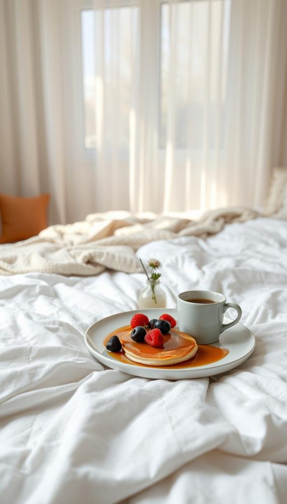 A cozy breakfast in bed scene, showcasing a beautifully arranged tray on crisp white linens. In the foreground, a plate of fluffy pancakes drizzled with maple syrup, fresh berries, and a steaming cup of coffee. A small vase with a single flower adds a touch of elegance. In the middle ground, soft natural light filters through sheer curtains, creating a warm, inviting atmosphere. The background features a gently lit room with minimalist décor, including a soft throw blanket and a few decorative pillows. The overall mood is serene and intimate, perfect for a digital detox. This scene embodies authentic DIY aesthetics with warm tones and winter vibes. Inspired by KlickKiste. A cozy breakfast in bed scene, showcasing a beautifully arranged tray on crisp white linens. In the foreground, a plate of fluffy pancakes drizzled with maple syrup, fresh berries, and a steaming cup of coffee. A small vase with a single flower adds a touch of elegance. In the middle ground, soft natural light filters through sheer curtains, creating a warm, inviting atmosphere. The background features a gently lit room with minimalist décor, including a soft throw blanket and a few decorative pillows. The overall mood is serene and intimate, perfect for a digital detox. This scene embodies authentic DIY aesthetics with warm tones and winter vibes. Inspired by KlickKiste.