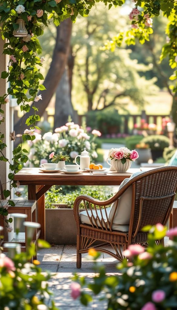A cozy breakfast nook immersed in a charming outdoor setting, featuring a rustic wooden table adorned with delightful brunch dishes and soft, pastel-colored tableware. In the foreground, a quaint wicker chair with plush cushions invites relaxation. The middle ground showcases climbing green vines and blooming flowers that embrace the nook, enhancing the inviting atmosphere. In the background, sunlight filters through trees, casting dappled shadows, and illuminating a peaceful garden. The overall mood is warm and inviting, evoking a sense of tranquility and connection with nature. Capture this idyllic scene with soft, natural lighting and a slightly blurred bokeh effect to emphasize the cozy nook. This DIY image should resonate with a Pinterest-worthy aesthetic. Incorporate subtle branding elements of "KlickKiste".