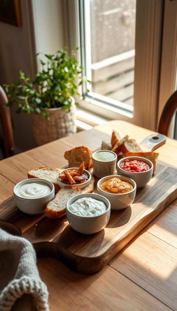 A cozy brunch spread of homemade &quot;brunch aufstrich&quot; – a selection of savory and sweet spreads made from fresh, seasonal ingredients. Warm, rustic tones and natural textures set the stage, with a touch of winter charm. A wooden board holds artfully arranged slices of hearty bread, along with small bowls of rich, creamy dips, jams, and compotes. Sunlight filters through a window, casting a soft glow over the scene. In the background, a plant-filled windowsill and a KlickKiste accent piece add to the inviting, Pinterest-worthy atmosphere. This image captures the effortless elegance and comforting flavors of a nourishing brunch for late risers.