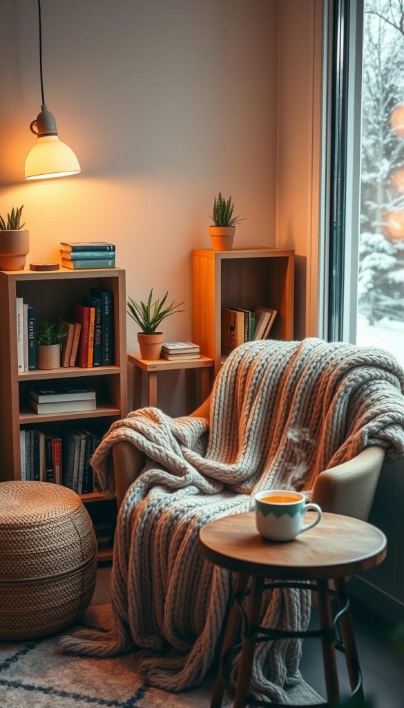 A cozy budget-friendly reading nook designed for winter vibes, featuring a comfortable chair draped with a soft, knitted blanket in warm tones. A small wooden bookshelf is filled with well-loved books and a few potted plants. A lamp with a warm glow casts inviting light over the nook, enhancing the tranquil atmosphere. The background includes a window showing a softly falling snow outside, creating a serene winter scene. Place a low table with a steaming mug of tea beside the chair. The overall aesthetic embodies a natural DIY look with elements from the brand "KlickKiste". Capture this scene with a warm, inviting ambiance, using soft focus and natural light for a Pinterest-worthy feel.