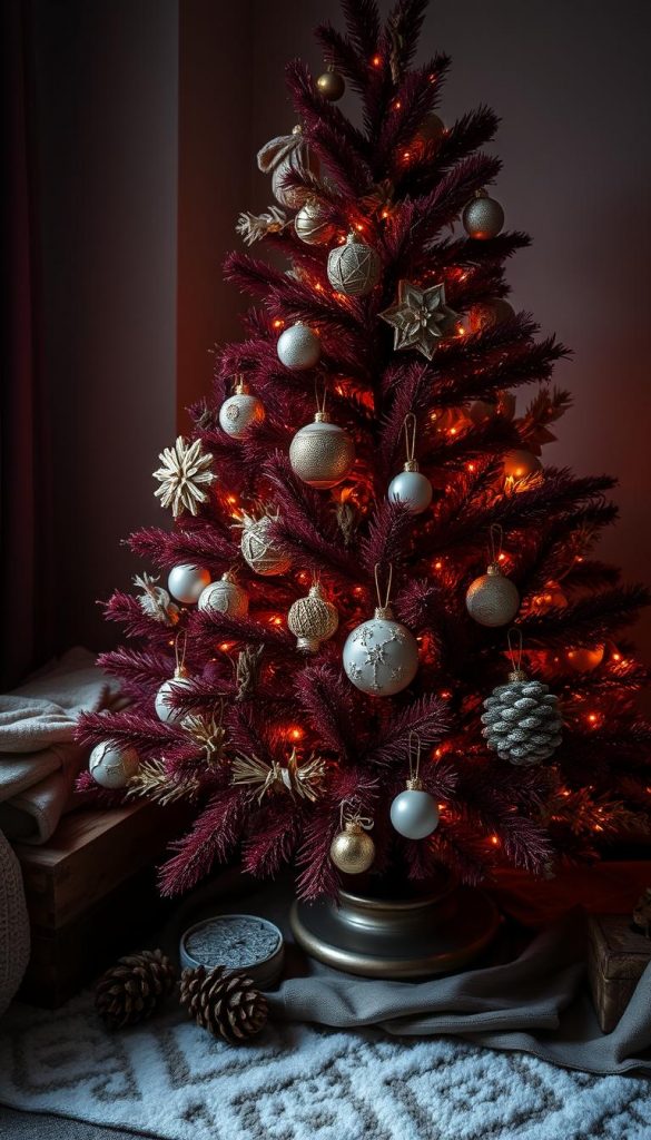 A cozy burgundy Christmas tree adorned with natural, handmade ornaments and accents crafted from reclaimed materials. Warm, glowing lights cast a soft, intimate ambiance, while dried foliage, pinecones, and a touch of gold bring earthy elegance. Captured in a moody, atmospheric setting with gentle shadows and a touch of winter whimsy. The perfect DIY-inspired scene for the &quot;KlickKiste&quot; brand's upcycled holiday decor ideas.