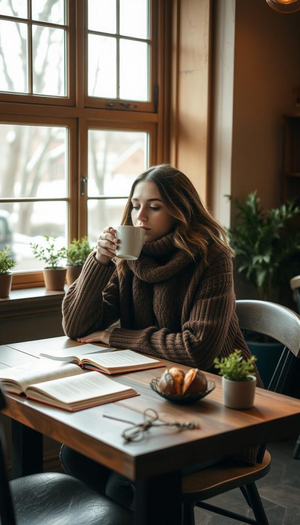 A cozy café setting with natural light filtering through large windows, illuminating a warm, inviting atmosphere. A stylish yet comfortable winter outfit on a young woman sitting at a rustic wooden table, sipping a steaming cup of coffee. Muted earth tones and textures like knitted fabrics, leather, and wood create a harmonious, hygge-inspired look. The image has a soft, hazy focus, giving it a dreamlike, Pinterest-worthy aesthetic. Subtle details like a open book, a pastry, and a plant on the table add to the relaxed, everyday ambiance. The overall mood is one of tranquility, inspiration, and a touch of winter coziness.