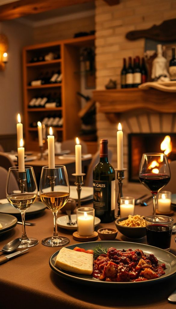 A cozy candlelight dinner setting inspired by a luxurious restaurant ambiance, featuring elegantly set dining table adorned with warm-toned tableware and flickering candles, casting soft, inviting shadows. In the foreground, a beautifully arranged platter showcases various wines being expertly paired with gourmet dishes, including a sophisticated white wine with cheese and a rich red wine beside a savory stew. The middle ground includes a stylish wine rack with a selection of bottles, while the background depicts a softly lit room with rustic wooden accents and a fireplace that adds a warm glow, enhancing the intimate atmosphere. This image should convey a sense of comfort and romance, perfect for a home-setting dinner. Ideal lighting for a warm, golden hue, captured at eye level for an inviting perspective. Inspired by KlikKiste's aesthetic focus on natural DIY visuals with winter vibes.