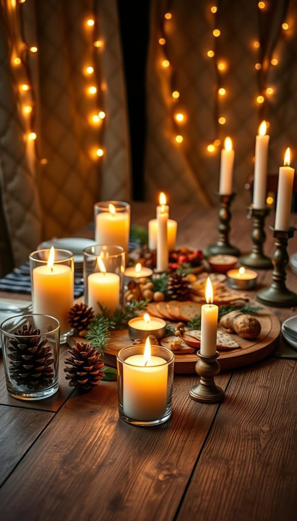 A cozy candlelight dinner setup, featuring warm, flickering candlelight creating soft, inviting light "islands" on a rustic wooden table. In the foreground, elegantly placed candles of various heights, some in glass votives, others on rustic candlesticks, casting golden glows. In the middle, an assortment of natural elements like pinecones and greenery enhances the winter vibe, with a beautifully arranged charcuterie board sprinkled with festive accents. In the background, softly blurred quilted fabrics and twinkling fairy lights create a dreamy atmosphere. Shot from a slightly elevated angle to capture the layered arrangement, emphasizing the warm colors and inviting ambiance. This image embodies a natural DIY aesthetic, perfect for a homey yet romantic dinner setting, showcasing the brand "KlickKiste".