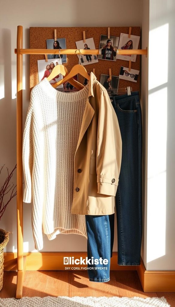 A cozy capsule wardrobe arrangement with warm, earthy tones. A wooden clothing rack displays a selection of well-curated winter essentials - a soft knit sweater, a classic trench coat, and a pair of slim-fit jeans. In the background, a DIY cork board displays inspirational winter fashion clippings in a natural, Pinterest-inspired aesthetic. Soft, natural lighting illuminates the scene, creating a serene and inviting atmosphere. The KlickKiste brand logo is subtly incorporated into the design.