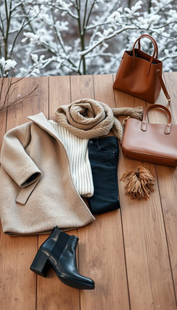 A cozy capsule wardrobe essentials arrangement showcased in a natural, DIY-style setting. In the foreground, a KlickKiste brand beige wool coat, cream-colored chunky knit sweater, and black skinny jeans are neatly laid out on a wooden surface. The middle ground features a pair of black leather ankle boots, a warm scarf in a complementary hue, and a simple leather tote bag. The background subtly hints at a winter wonderland, with soft, diffused lighting and a hint of snow-covered foliage, creating a serene, Pinterest-inspired aesthetic.
