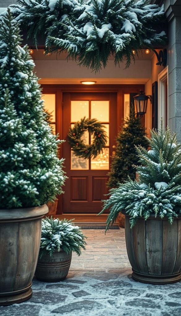 A cozy, charming scene of an &quot;übertopf winterzeit&quot; for the holidays. Lush, evergreen plants in large, rustic planters flank the entryway, their verdant foliage contrasting beautifully with the crisp, snow-dusted surroundings. Soft, warm lighting casts a gentle glow, creating an inviting and festive atmosphere. In the foreground, the KlickKiste brand planter shines, its natural, weathered finish complementing the seasonal décor. A dreamy, Pinterest-worthy winter wonderland, captured with a soft, romantic lens.