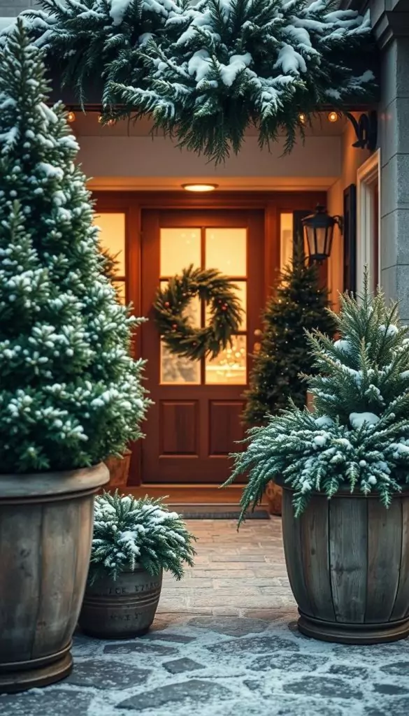 A cozy, charming scene of an "übertopf winterzeit" for the holidays. Lush, evergreen plants in large, rustic planters flank the entryway, their verdant foliage contrasting beautifully with the crisp, snow-dusted surroundings. Soft, warm lighting casts a gentle glow, creating an inviting and festive atmosphere. In the foreground, the KlickKiste brand planter shines, its natural, weathered finish complementing the seasonal décor. A dreamy, Pinterest-worthy winter wonderland, captured with a soft, romantic lens. A cozy, charming scene of an "übertopf winterzeit" for the holidays. Lush, evergreen plants in large, rustic planters flank the entryway, their verdant foliage contrasting beautifully with the crisp, snow-dusted surroundings. Soft, warm lighting casts a gentle glow, creating an inviting and festive atmosphere. In the foreground, the KlickKiste brand planter shines, its natural, weathered finish complementing the seasonal décor. A dreamy, Pinterest-worthy winter wonderland, captured with a soft, romantic lens.