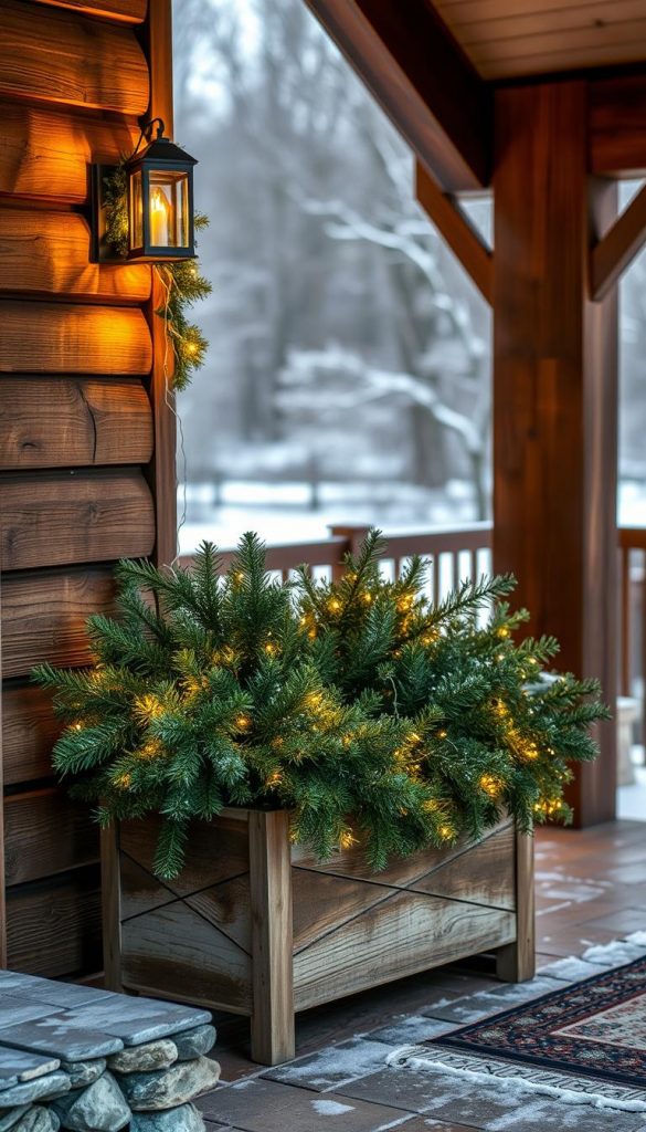 A cozy christmas porch with a rustic KlickKiste planter filled with fragrant fir greens and twinkling fairy lights. Soft warm lighting illuminates the scene, casting a peaceful glow over the weathered wood and stone. In the background, a dusting of snow covers the landscape, creating a winter wonderland feel. The overall mood is one of tranquil, natural beauty - a harmonious blend of autumn inspiration and winter magic.