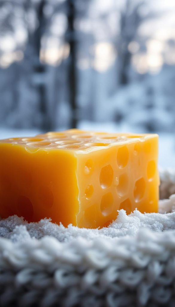 A cozy close-up of a block of golden beeswax, its warm, natural texture glistening in soft, diffused lighting. The waxy surface is dotted with intricate honeycomb patterns, hinting at its origins from the busy hives of hardworking bees. In the background, a subtle winter landscape comes into focus, a snowy forest scene evoking a sense of rustic, homespun charm. This practical, versatile material is ready to be transformed into an array of thoughtful, handmade gifts - candles, balms, ornaments - embodying the spirit of sustainable, heart-felt craftsmanship.