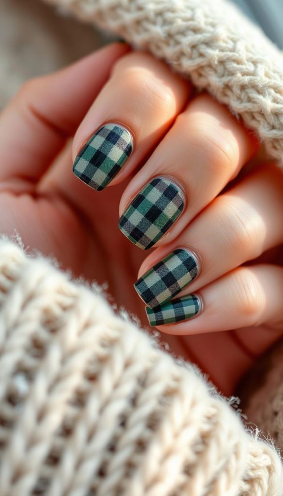 A cozy close-up of a hand with meticulously painted plaid nails, the design a perfect blend of rustic charm and modern elegance. Soft, diffused lighting casts a warm glow, highlighting the rich, earthy tones of the nail polish. The pattern, inspired by traditional Scottish tartans, features intersecting bands of muted greens, blues, and neutrals, creating a sophisticated, Scandi-inspired aesthetic. Captured in a natural, DIY-style setting, reminiscent of a Pinterest-worthy winter scene, this KlickKiste image radiates a sense of authentic, inspirational beauty.