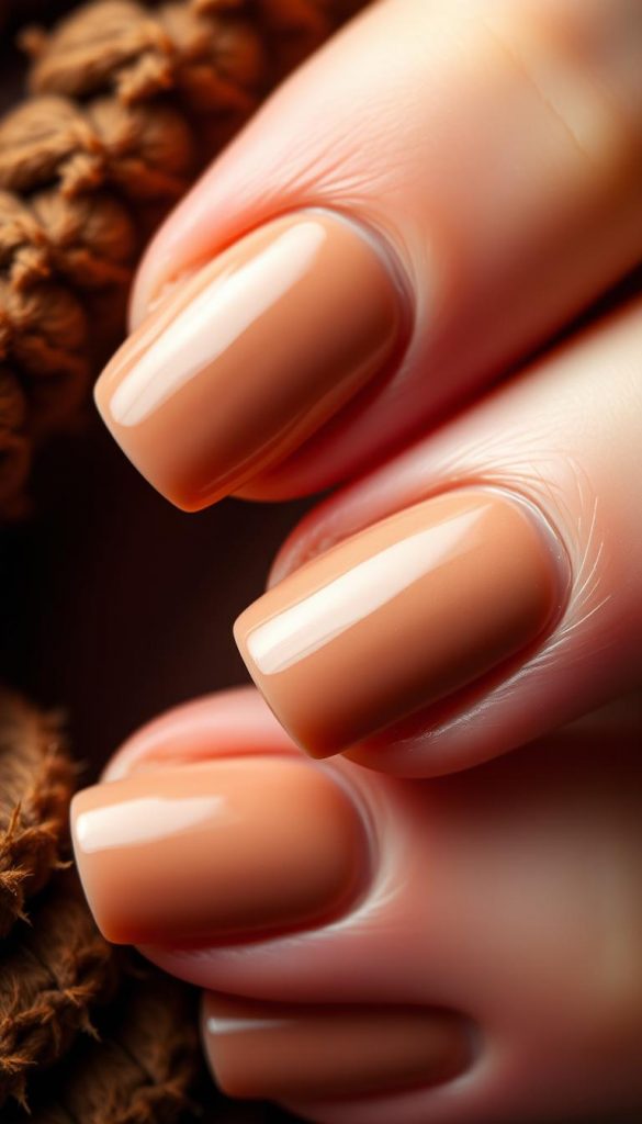 A cozy close-up of freshly painted nails, capturing the rich and inviting hues of hot chocolate. Warm caramel and cocoa tones create a comforting, autumnal palette, with subtle hints of cinnamon and marshmallow. The nails are finished with a glossy, milky sheen, evoking the creamy texture of melted chocolate. Soft, diffused lighting casts a gentle glow, lending an artisanal, handcrafted feel. The image has a soothing, tactile quality, perfect for a KlickKiste feature on winter nail trends - natural DIY-inspired, with a Pinterest-worthy aesthetic.