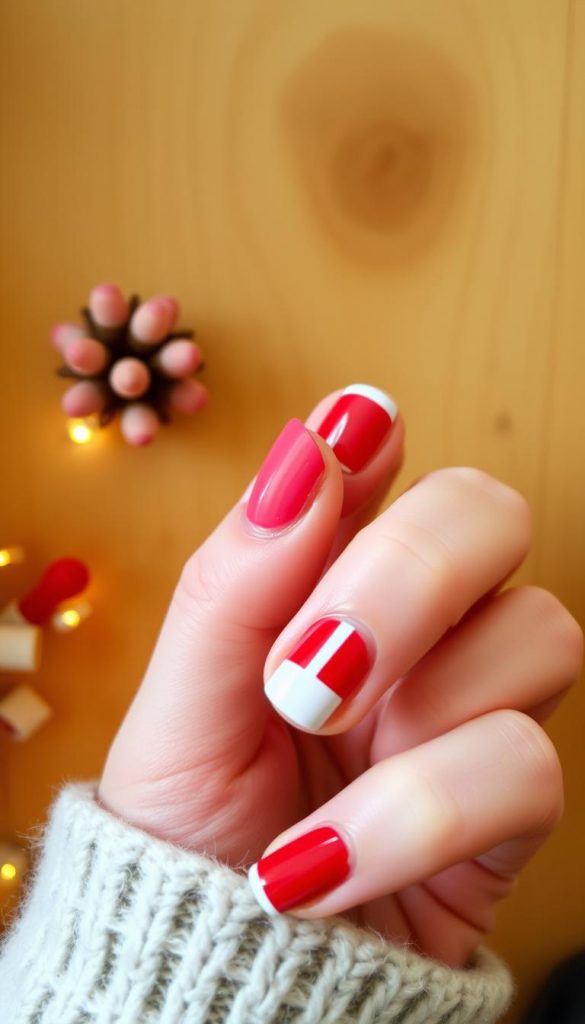 A cozy, close-up shot of freshly manicured nails in a festive red and white &quot;Candy Cane French&quot; design. The nails are beautifully shaped and buffed, with a subtle glossy finish. The lighting is warm and soft, creating a welcoming, winter-inspired atmosphere. In the background, a simple, natural-looking wooden surface adds texture and a rustic touch, complementing the elegant nail art. The overall scene exudes a homemade, DIY aesthetic with a touch of Pinterest-inspired style. KlickKiste's natural, authentic visuals inspire the viewer to recreate this lovely manicure at home.