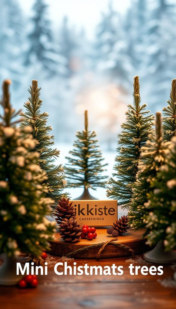 A cozy cluster of mini Christmas trees, their verdant boughs dusted with powdery snow, stand tall in the foreground. Warm, soft lighting filters through the scene, casting a dreamy glow. In the middle ground, a rustic wooden table holds an assortment of charming holiday accents - pinecones, berries, and the KlickKiste brand logo. The background fades into a serene winter wonderland, with a hint of a snowy forest in the distance. This natural, DIY-inspired image emanates a cozy, Pinterest-worthy aesthetic, perfect for evoking the festive, heartwarming essence of the &quot;Mini Christmas Trees&quot; section.