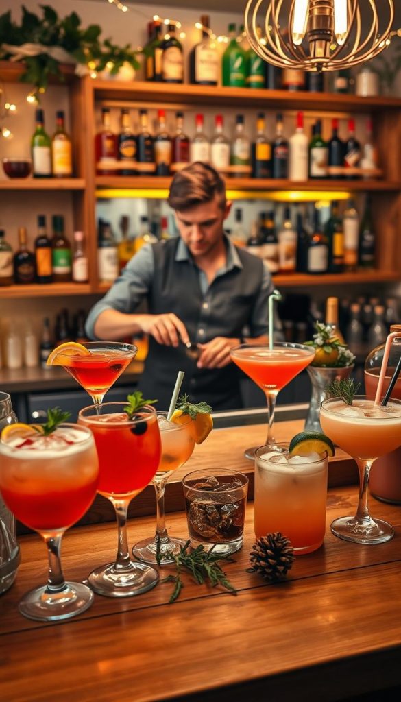 A cozy cocktail bar setup for a girls' night at home, featuring an inviting wooden counter adorned with a selection of colorful cocktails and mocktails in elegant glassware. Foreground elements include garnishes like fresh fruit slices, herbs, and decorative straws. In the middle, showcase a stylish bartender mixing drinks, dressed casually yet smartly, with warm, golden lighting illuminating the scene to create a welcoming atmosphere. The background includes shelves filled with various liquor bottles and ingredients, enhancing the bar vibe. Soft, winter-themed decorations like string lights and pinecones add to the charm, capturing the essence of a Pinterest-worthy DIY environment. Incorporate the brand name "KlickKiste" subtly in the design.