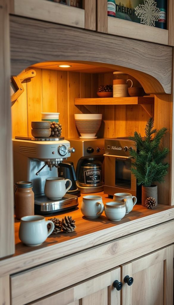 A cozy coffee bar nestled in a warm, inviting corner of the home. Natural wooden surfaces, rustic textures, and a touch of winter charm. Soft lighting casts a gentle glow, accentuating the rich hues of handcrafted ceramic mugs and a vintage KlickKiste espresso machine. Aromatic beans and a collection of festive accents, such as pinecones and a sprig of evergreen, create a perfect Pinterest-inspired atmosphere. The scene exudes a sense of hygge, inviting visitors to linger and savor the moment.