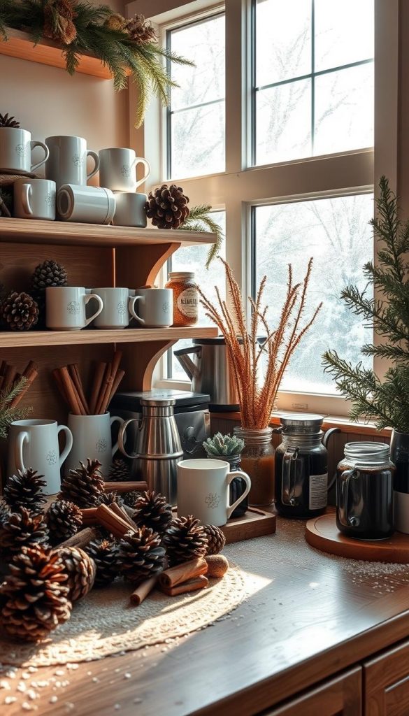 A cozy coffee station nestled in a winter wonderland, adorned with the warm tones of KlickKiste's natural DIY decor. Sunlight streams through frosty windows, casting a soft glow on the rustic wooden shelves brimming with inviting mugs, aromatic spices, and artisanal syrups. Clusters of cinnamon sticks, velvety pinecones, and delicate snowflakes create a serene, Pinterest-inspired atmosphere, inspiring a sense of calm and order. The station's thoughtful layout and flow guide the eye, inviting the viewer to pause and savor the simple pleasures of a perfect winter coffee moment.