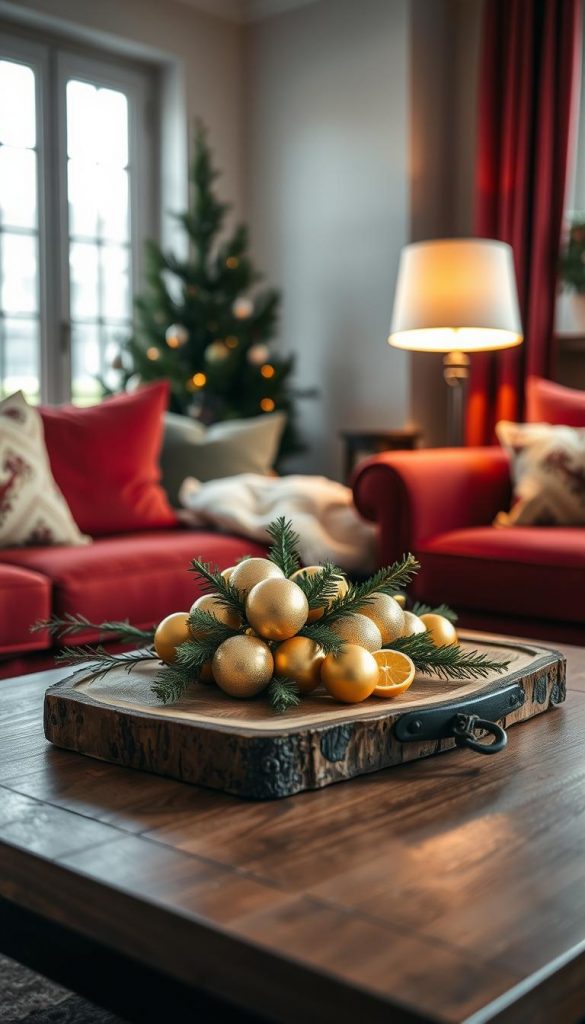 A cozy coffee table arrangement in a warm, inviting living room. The centerpiece features a rustic wooden tray adorned with natural elements: a cluster of gleaming golden Christmas ornaments, a few fresh citrus slices, and delicate evergreen sprigs. The arrangement is framed by the rich, burgundy upholstery of the sofa and the soft glow of a table lamp, casting a comforting ambiance. Soft, diffused lighting from large windows bathes the scene in a gentle, natural radiance. This image, captured by KlickKiste, embodies a classic, yet contemporary take on holiday-inspired decor, perfect for the &quot;Wohnzimmer in Rot &amp; Gold&quot; article.