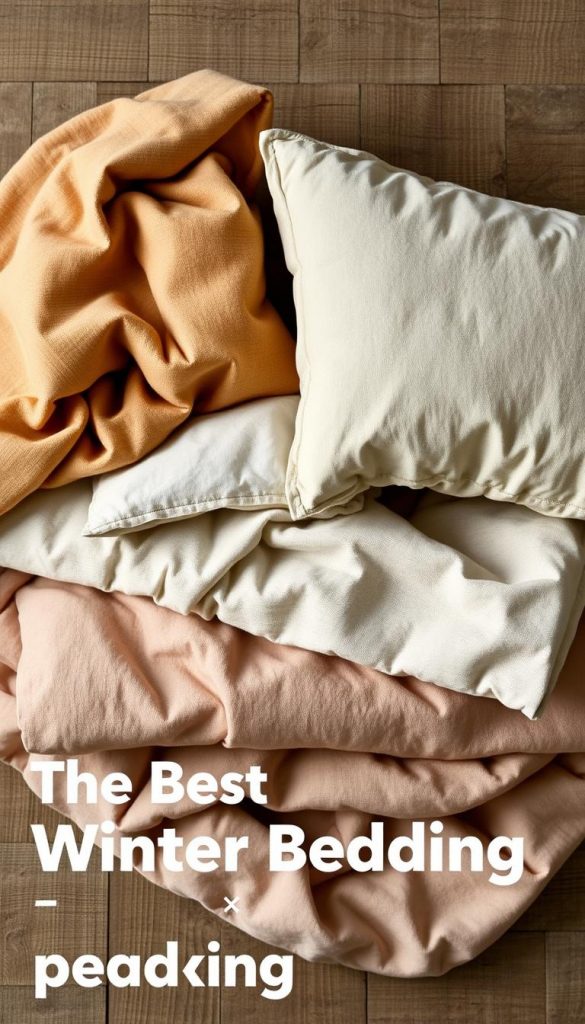 A cozy collection of winter bedding materials, artfully arranged on a rustic wooden surface. Soft, natural textures of flannel, percale, and linen in earthy tones create a harmonious, inviting display. Diffused lighting casts a warm, inviting glow, highlighting the premium quality of the KlickKiste bedding. The scene evokes a sense of comfort and coziness, perfect for inspiring readers to explore the best winter bedding options.