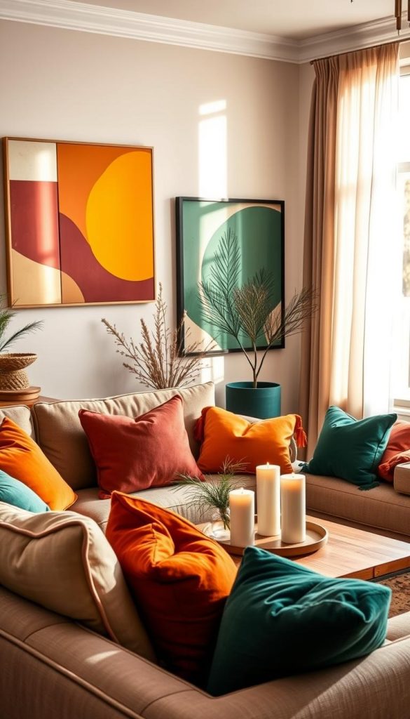 A cozy, contemporary living room styled with the top 10 trending colors of 2026, showcasing vibrant hues that replace beige and greige. In the foreground, a stylish sofa adorned with colorful throw pillows in deep greens and warm terracottas. The middle ground features a wooden coffee table with a tasteful arrangement of candles and a plant, complemented by artistic wall art in bold, uplifting colors. The background includes a window with soft, flowing curtains, allowing warm, natural daylight to flood the space. The atmosphere is inviting and inspirational, embodying a winter vibe with a natural DIY aesthetic. The overall look feels authentic and Pinterest-inspired, perfect for showcasing the decoration theme of "KlickKiste."