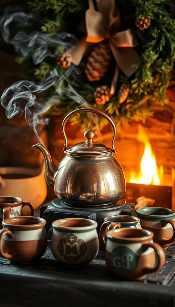 A cozy copper kettle simmers on a rustic wood-burning stove, wisps of aromatic steam curling into the air. Surrounding it, a collection of earthenware mugs, each adorned with a unique handcrafted design, invites guests to indulge in a warm, comforting beverage. The scene is bathed in a soft, golden glow, creating an intimate, hygge-inspired atmosphere perfect for a winter gathering. In the background, a wreath of fresh evergreens and pinecones lends a touch of natural elegance, while the overall composition evokes a sense of homemade charm and seasonal delight.