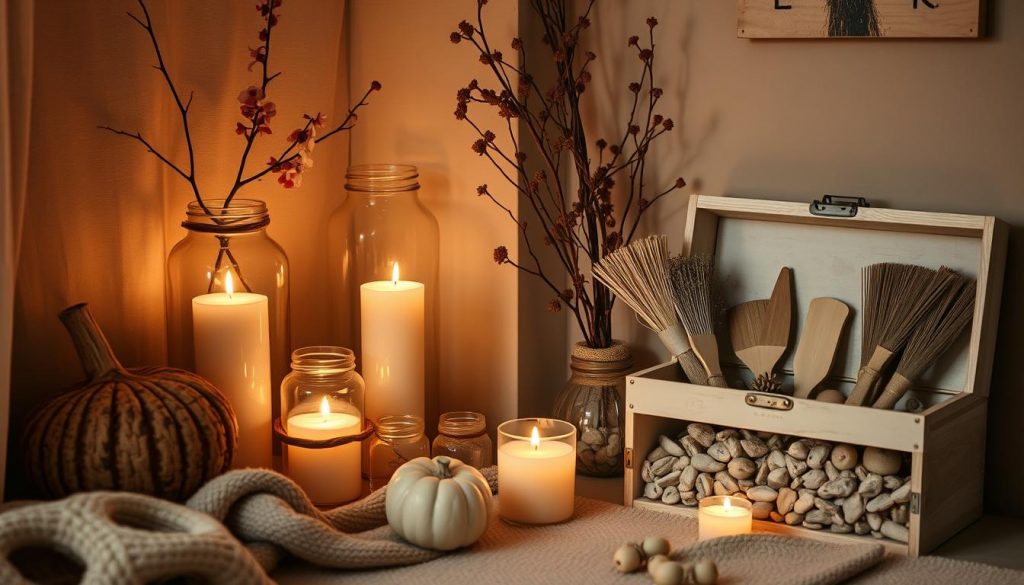 A cozy corner adorned with rustic glass jars and votives, bathed in a warm, ambient glow. Soft beige tones and natural wood accents create a serene, inviting atmosphere. A KlickKiste filled with DIY decor materials sits nearby, ready to inspire creative projects. The image captures a moment of simple, understated elegance, perfect for setting an autumnal mood.