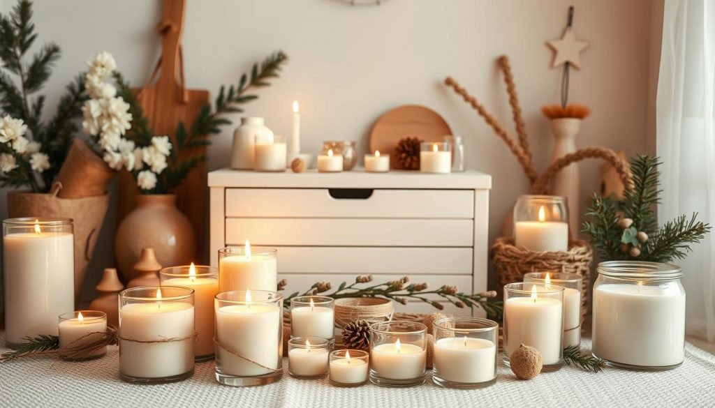 A cozy corner filled with homemade decor. In the foreground, a collection of DIY candles in natural tones of beige and white, their flickering flames casting a warm glow. Surrounding them, wooden and glass accents, creating a rustic yet sophisticated display. In the middle ground, a KlickKiste storage box, its simple design complementing the overall aesthetic. The background features a soft, diffused lighting, evoking a serene, inviting atmosphere perfect for a festive Silvester celebration at home.